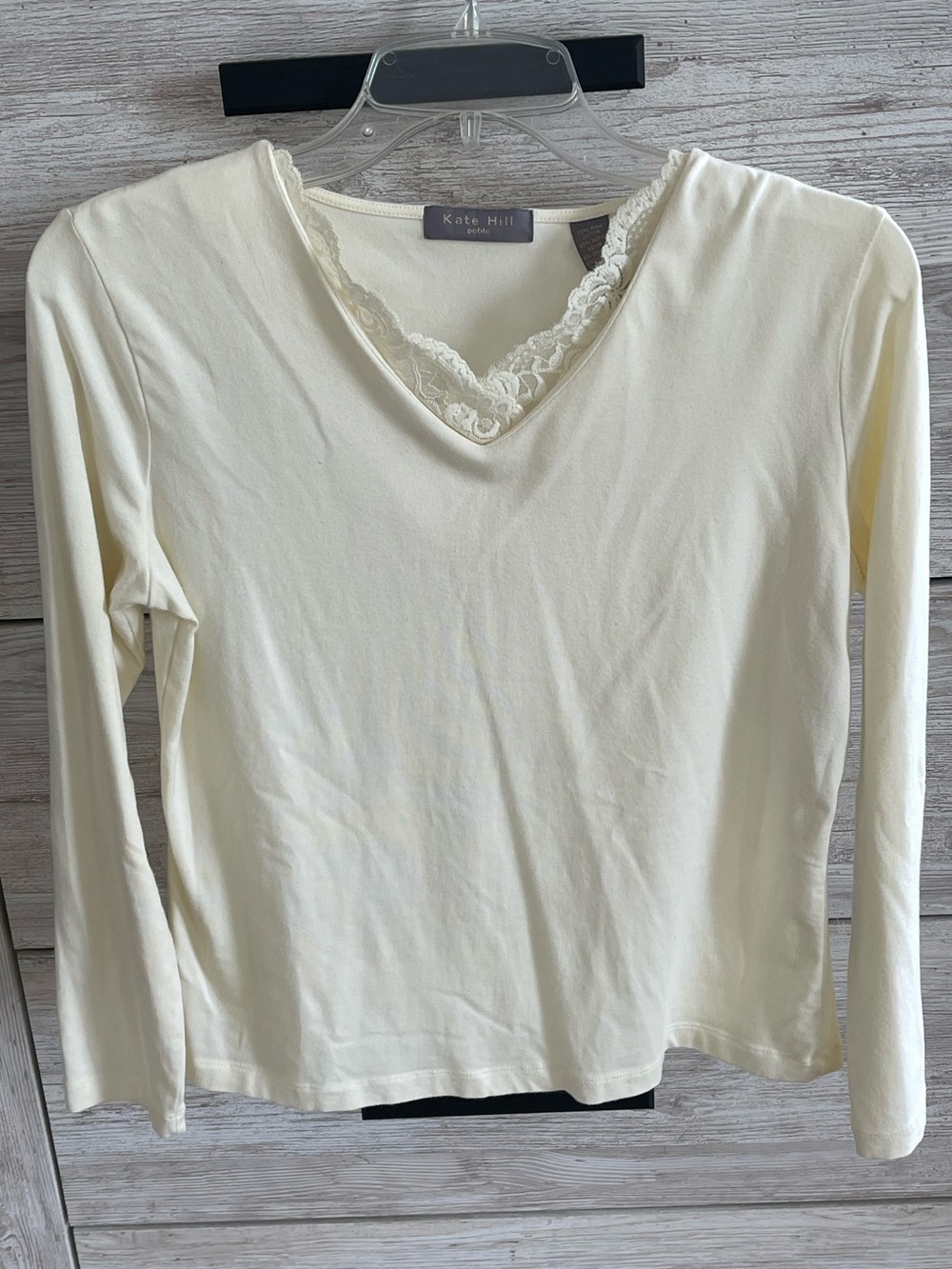 Kate Hill Petite Cream Long Sleeve V Neck Lace Trim Top Coquette Y2K